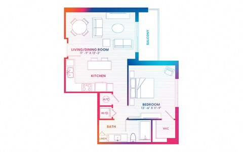 Floor plan for 1 bed, 1 bath, 732 sqft